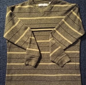Pierre Cardin V-neck Pullover Knit Sweater Beige Brown Striped Men Size Medium